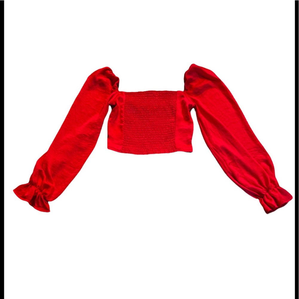 Rich red /pink satin blouse with smocking and puffed sleeves, boho, s